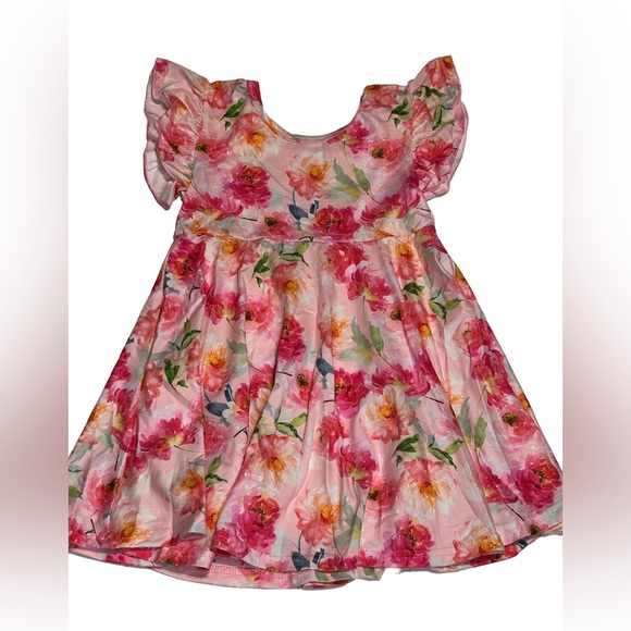 NEW Boutique Girl’s Flutter Sleeve Pink Floral Dress - Picture 7 of 10